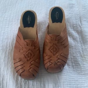 Swedish Hasbeen Leather Wooden Huarache Clogs